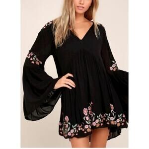 Free People Te Amo Flared Mini Dress Black Floral Embroidered sz S
